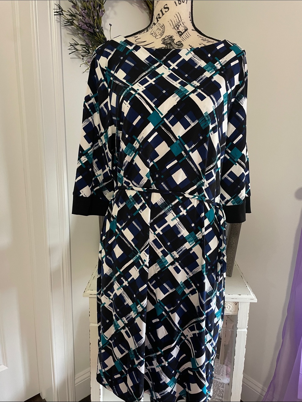 Liz Claiborne Navy, Teal & White Plaid Midi Dress